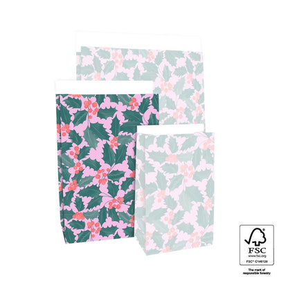 Geschentüte Blockbodenbeutel Tasche aus Papier 17 x 10 x 25 cm mit Weihnachtsmotiv Beere