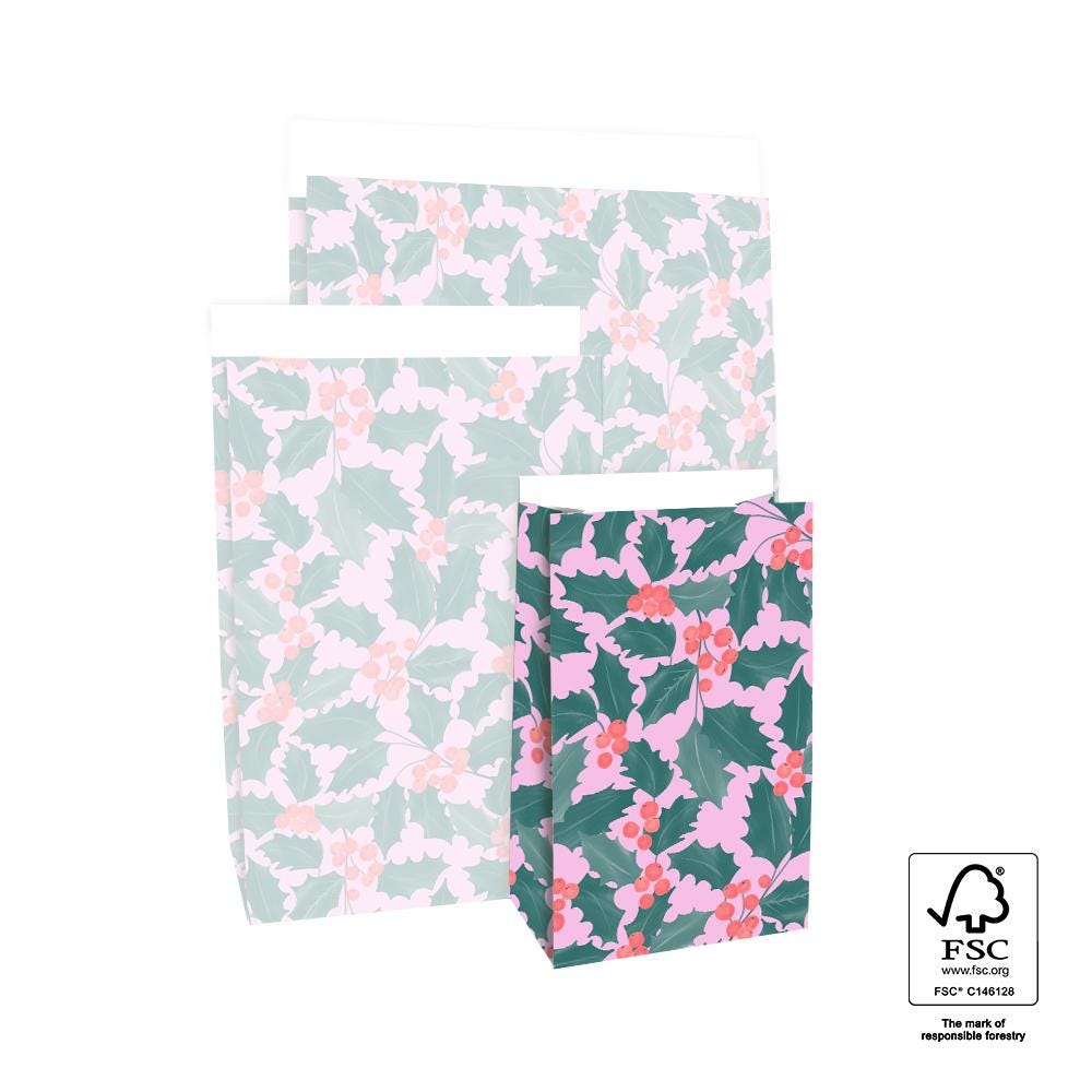 Geschentüte Blockbodenbeutel Tasche aus Papier 12 x 7 x 19 cm mit Weihnachtsmotiv Beere