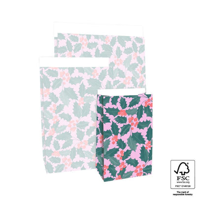 Geschentüte Blockbodenbeutel Tasche aus Papier 12 x 7 x 19 cm mit Weihnachtsmotiv Beere