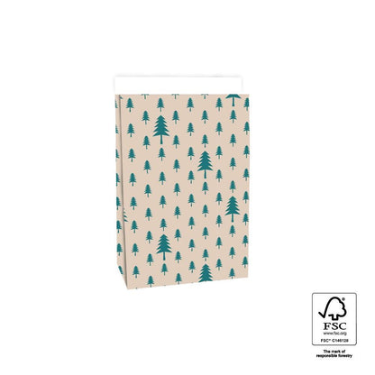 Geschentüte Blockbodenbeutel Tasche aus Papier 17 x 10 x 25 cm mit grünen Tannenbäumen