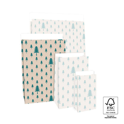 Geschentüte Blockbodenbeutel Tasche aus Papier 17 x 10 x 25 cm mit grünen Tannenbäumen