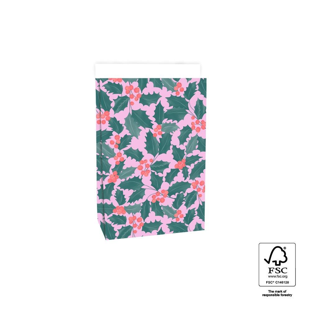 Geschentüte Blockbodenbeutel Tasche aus Papier 17 x 10 x 25 cm mit Weihnachtsmotiv Beere