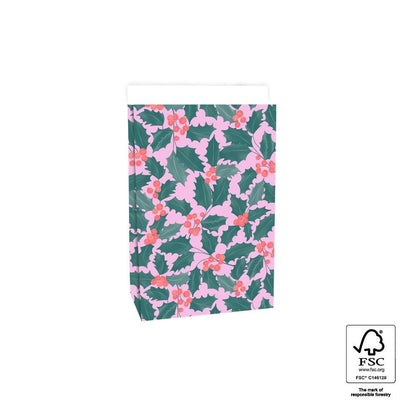 Geschentüte Blockbodenbeutel Tasche aus Papier 17 x 10 x 25 cm mit Weihnachtsmotiv Beere