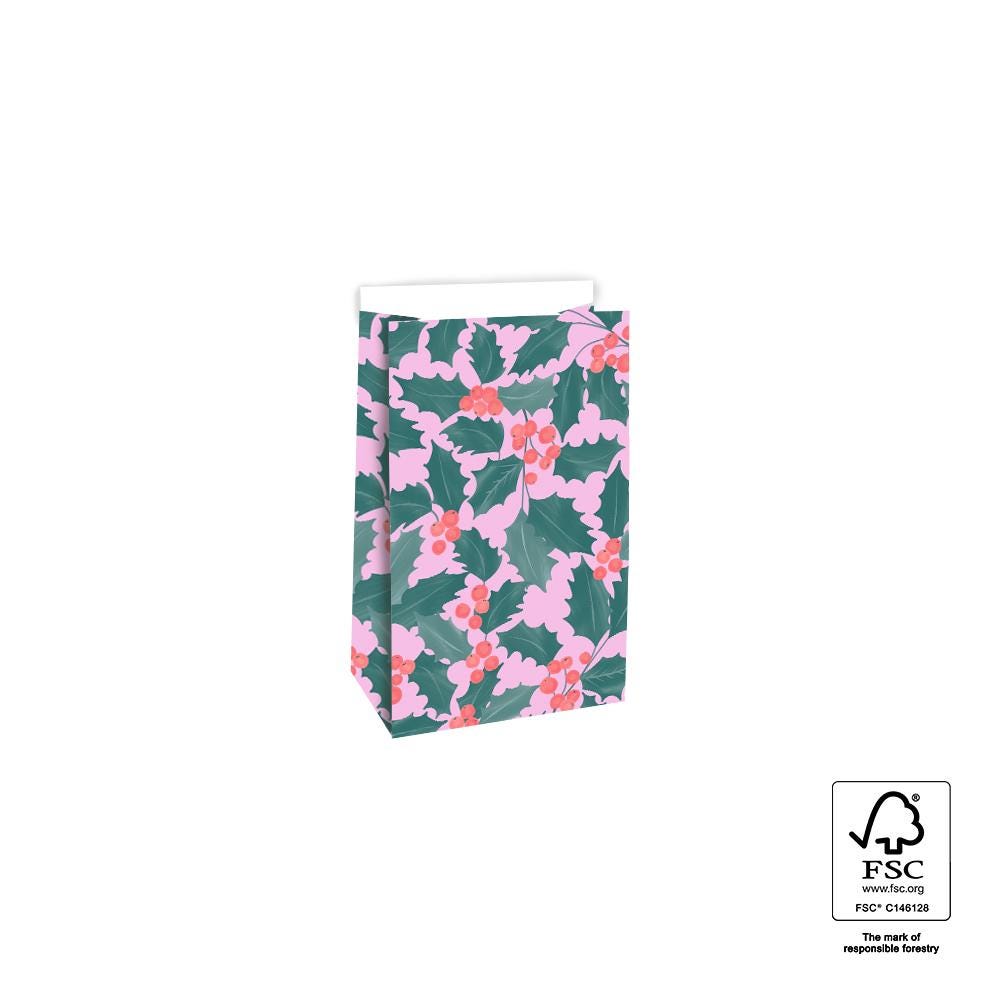 Geschentüte Blockbodenbeutel Tasche aus Papier 12 x 7 x 19 cm mit Weihnachtsmotiv Beere