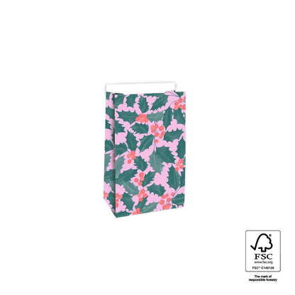 Geschentüte Blockbodenbeutel Tasche aus Papier 12 x 7 x 19 cm mit Weihnachtsmotiv Beere