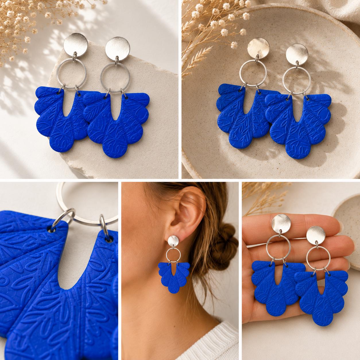 Ohrringe "Beatrice" in Blau – Handgemachte Fimo Ohrhänger mit Edelstahlstecker in Silber oder Gold, leicht & modern