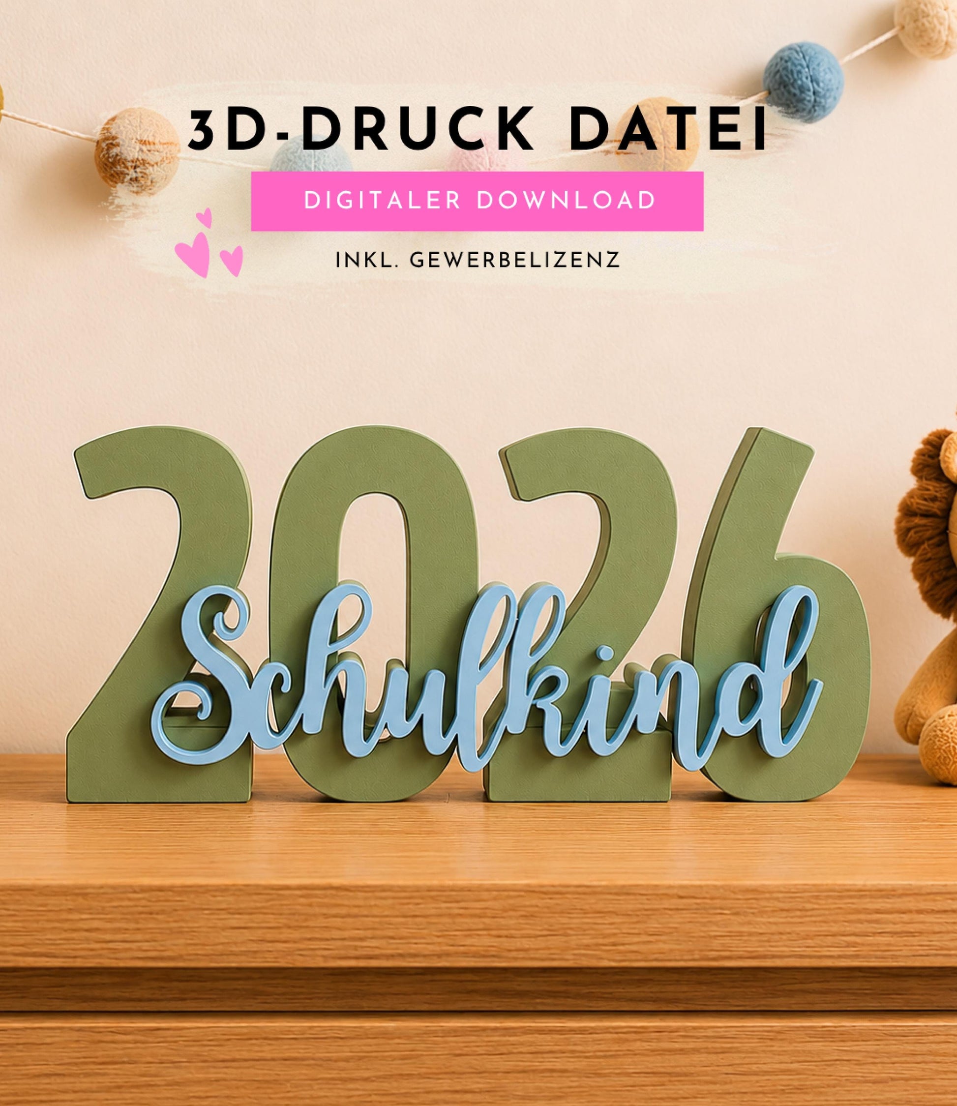 3MF | 3D Druckdatei Schulkind 2026 STL Datei | Deko zur Einschulung für Mädchen & Jungen | Digital Download inkl. Gewerbelizenz