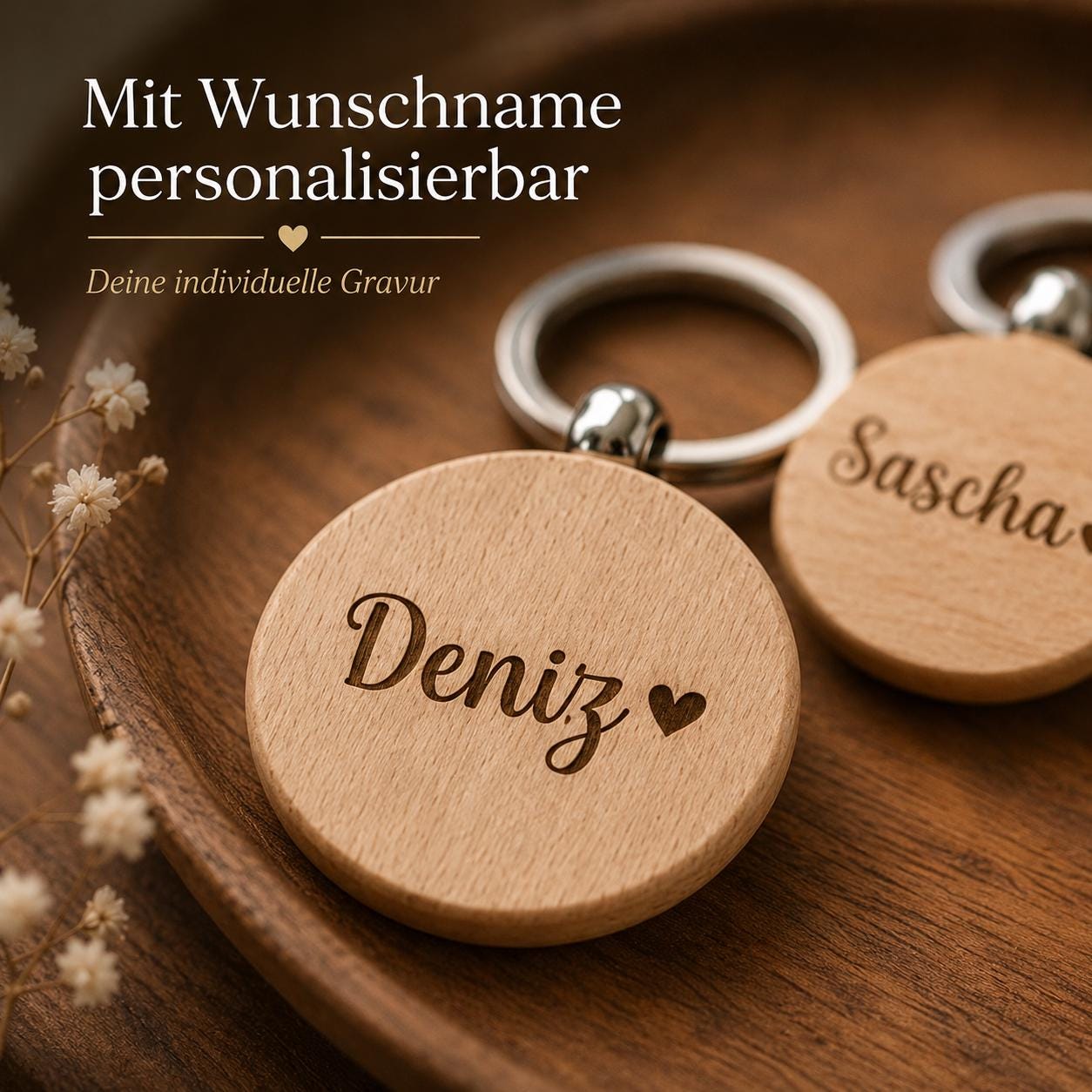 Personalisierter Holz-Schlüsselanhänger mit Name oder Wunschwort – graviertes Geschenk für Pärchen, Mama, Papa, Oma, Opa & Freunde