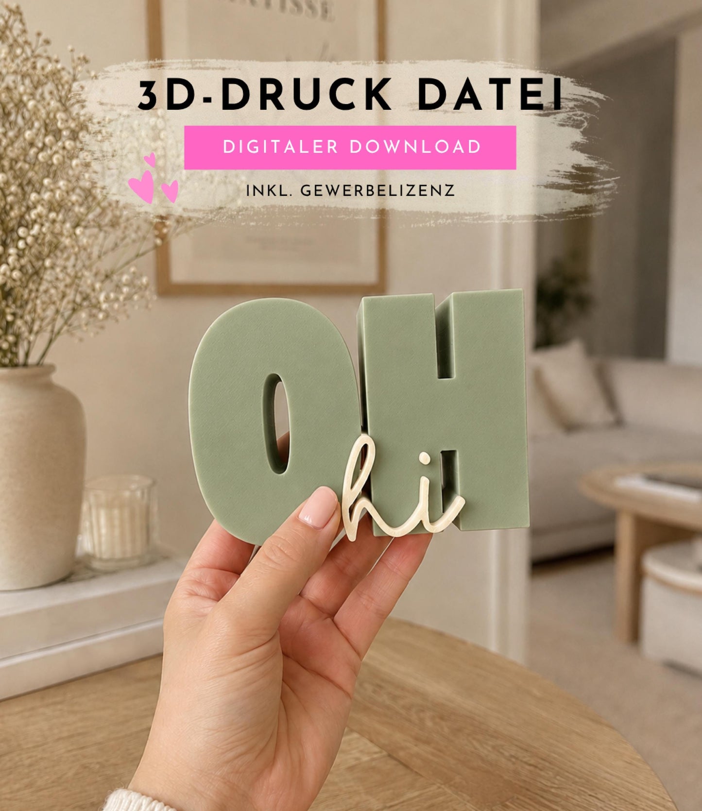 OH HI - 3D Druckdatei STL zum Selberdrucken | Deko Schriftzug für moderne Einrichtung | inkl. unbegrenzter Gewerbelizenz