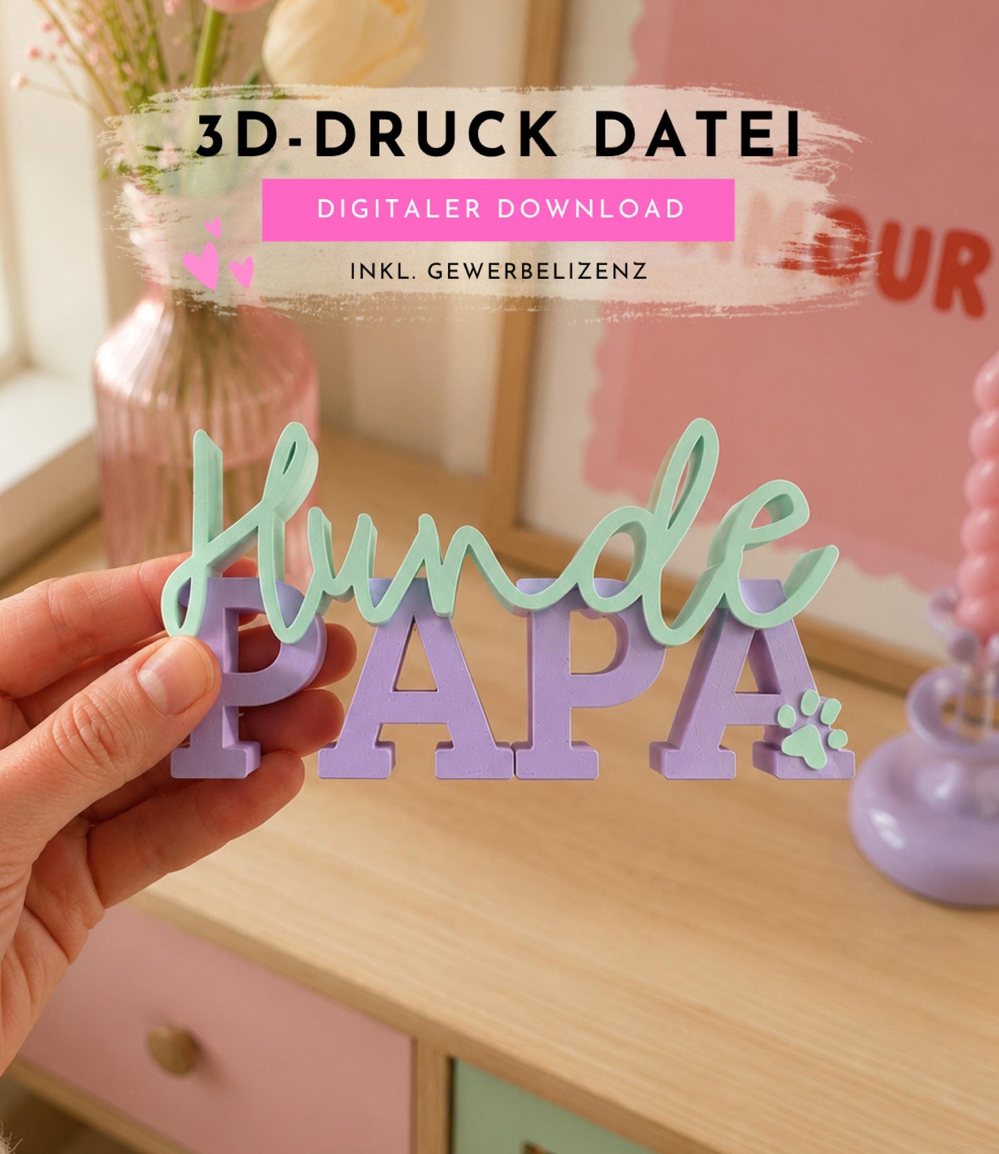 Hundepapa STL Datei | 3D Druck Schriftzug mit Pfote | Hundehalter Geschenk | Dog Dad Pfoten Deko | inkl. unbegrenzter Gewerbelizenz