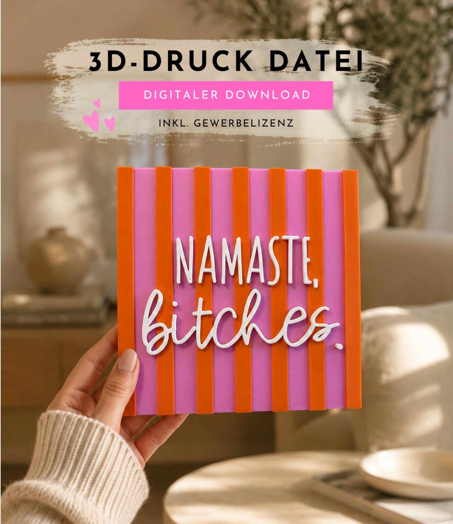 3MF 3D-Druckdatei „Namaste, Bitches“ – skalierbare Deko Kachel | Deko Schriftzug für moderne Einrichtung | inkl. unbegrenzter Gewerbelizenz