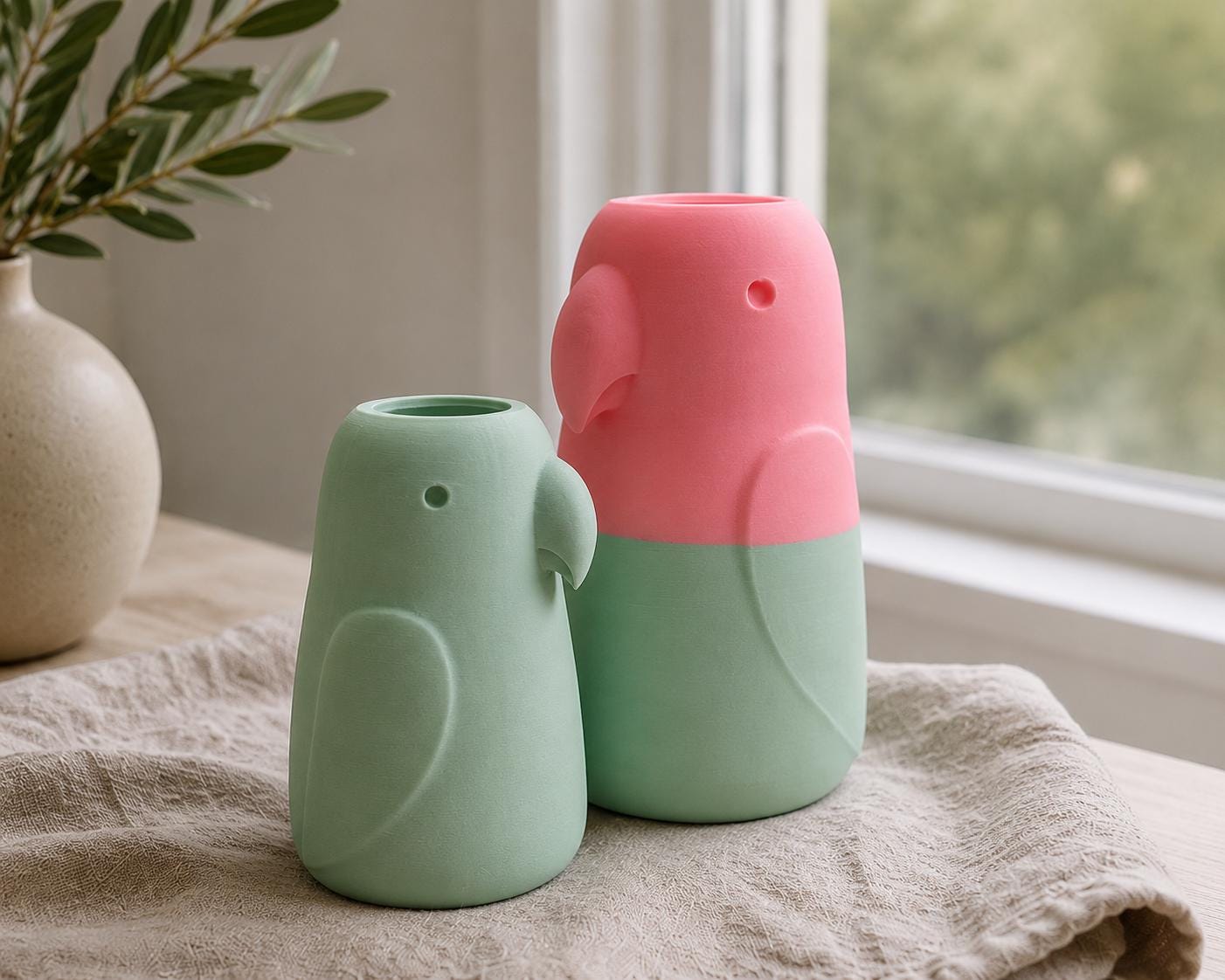 Papageien Vase 3D Druck – Deko für Trockenblumen, ein- oder zweifarbig, 12 cm oder XXL 18 cm, Geschenk für Vogelfans, moderne bunte Wohndeko
