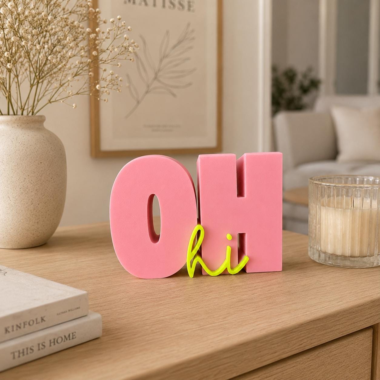 OH hi Schriftzug 3D Druck – moderne Deko Typografie für Wohnzimmer, Büro, Flur, bunter Blickfang und kreative Geschenkidee zum Einzug
