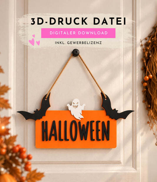 3MF 3D-Druckdatei Halloween Türschild STL | Fledermaus Geist Deko | Türhänger Digital Download inkl. Gewerbelizenz | Gruseldeko | Herbstdeko