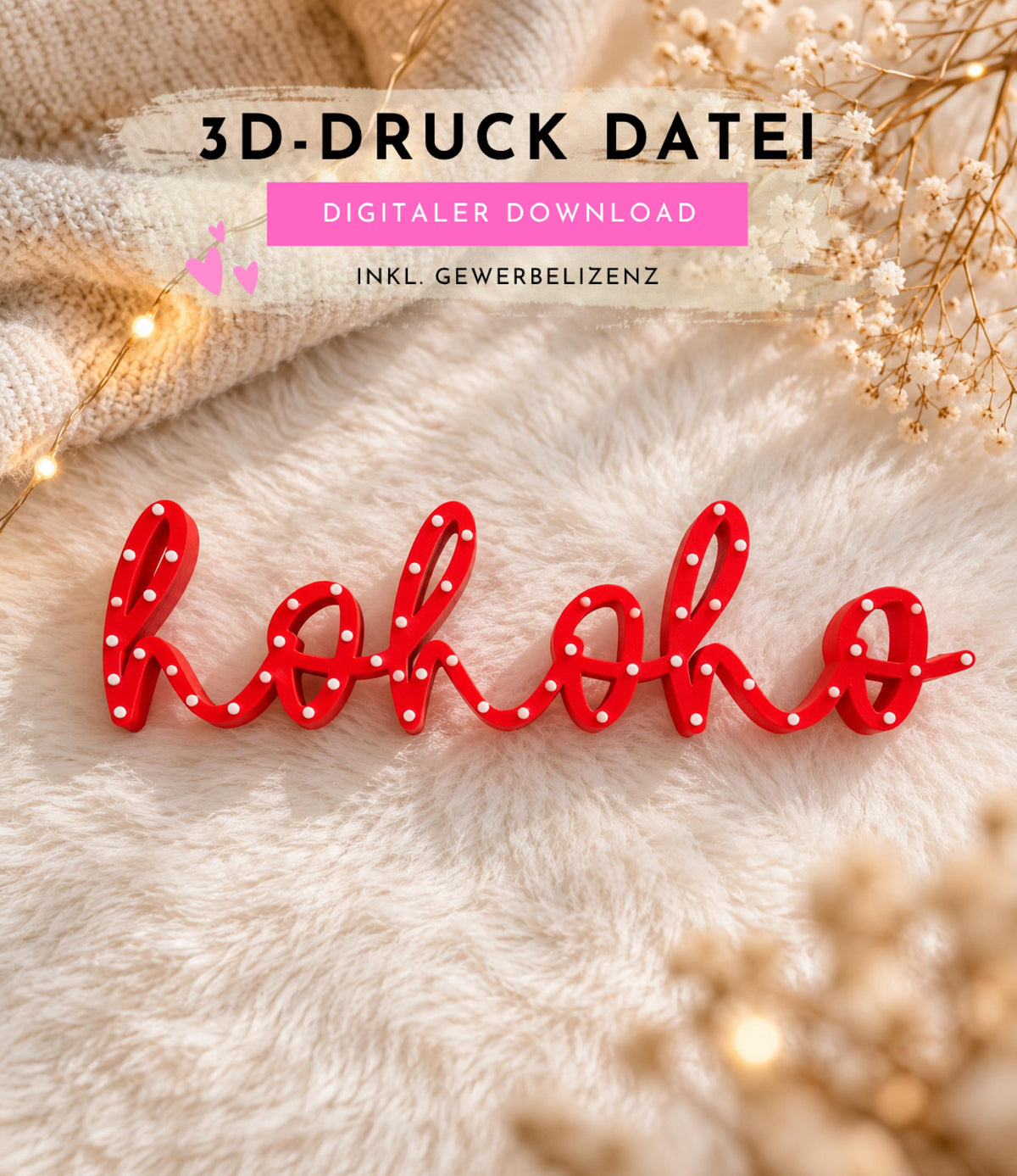 Hohoho 3MF 3D-Druckdatei STL | Weihnachtsdeko Schriftzug gepunktet & glatt | Digital Download inkl. unbegrenzter Gewerbelizenz | Xmas Deko