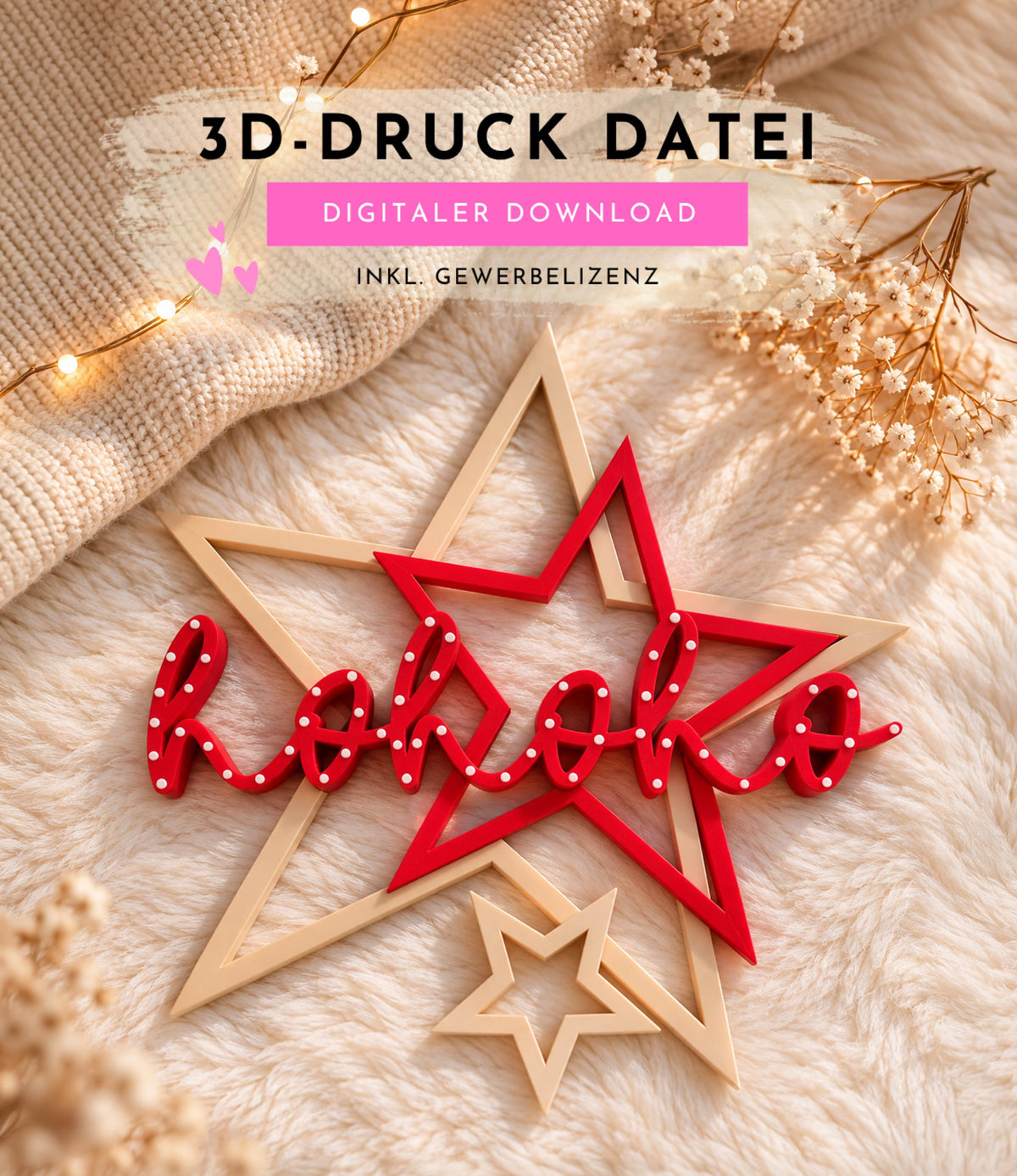 Hohoho 3MF 3D-Druckdatei STL | Weihnachtsdeko Schriftzug gepunktet & glatt | Digital Download inkl. unbegrenzter Gewerbelizenz | Xmas Deko