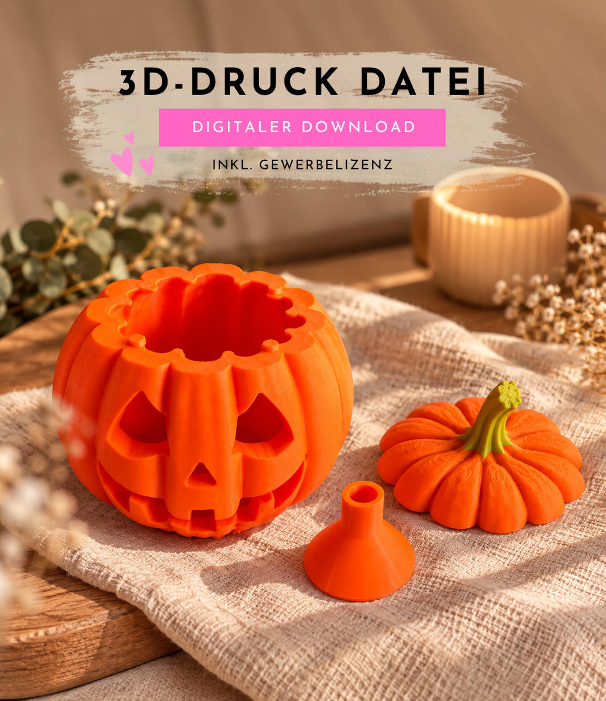 3MF 3D-Druckdatei Halloween Kürbis Gartenfackel | LED Licht, Bambu Lab, 3 Holzstab Aufsätze inkl. unbegrenzter Gewerbelizenz | Gruseldeko