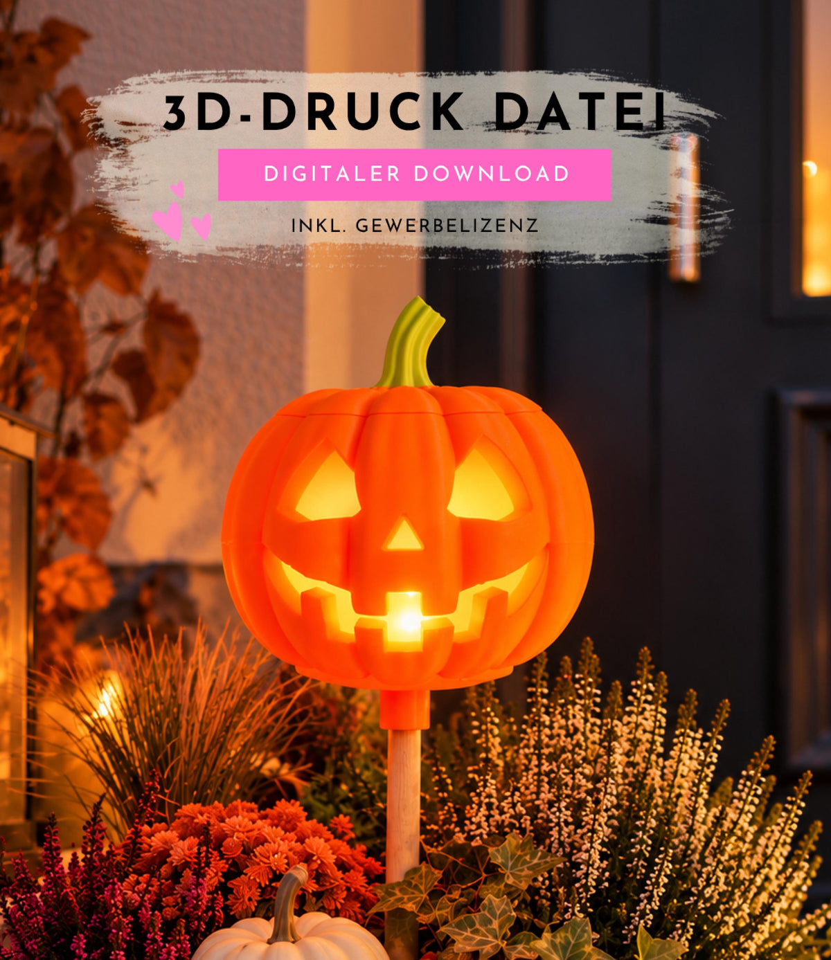 3MF 3D-Druckdatei Halloween Kürbis Gartenfackel | LED Licht, Bambu Lab, 3 Holzstab Aufsätze inkl. unbegrenzter Gewerbelizenz | Gruseldeko
