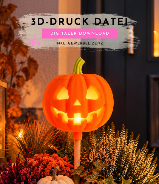 3MF 3D-Druckdatei Halloween Kürbis Gartenfackel | LED Licht, Bambu Lab, 3 Holzstab Aufsätze inkl. unbegrenzter Gewerbelizenz | Gruseldeko