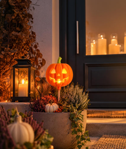 3MF 3D-Druckdatei Halloween Kürbis Gartenfackel | LED Licht, Bambu Lab, 3 Holzstab Aufsätze inkl. unbegrenzter Gewerbelizenz | Gruseldeko