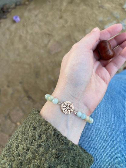 Lebensblume Edelstein Armband mit Amazonit und Aventurin Perlen Jade Naturstein blau rosegold Geschenk Edelsteine Mandala rosegold - Feenmanufaktur