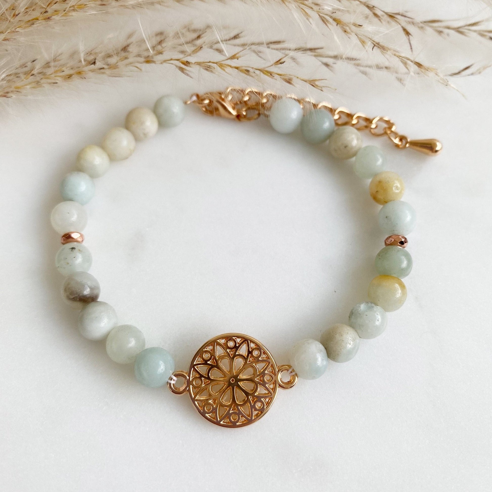 Lebensblume Edelstein Armband mit Rosenquarz Perlen Jade Naturstein rosa rosegold Geschenk Edelsteine Mandala rosegold - Feenmanufaktur