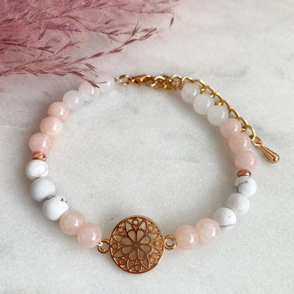 Lebensblume Edelstein Armband mit Rosenquarz Perlen Jade Naturstein rosa rosegold Geschenk Edelsteine Mandala rosegold - Feenmanufaktur