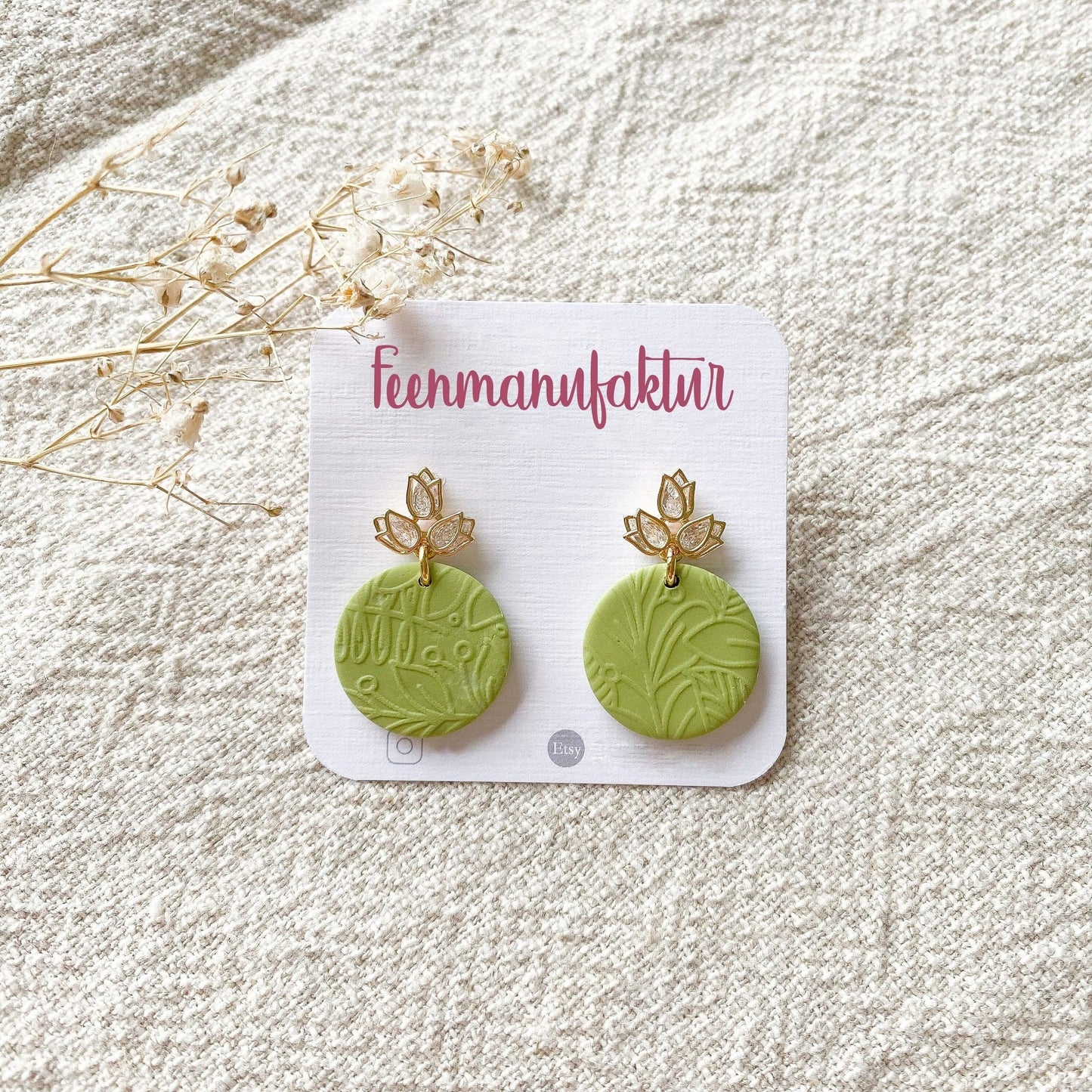 Polymer Clay Ohrringe "Lotus" grün - Stecker 24k vergoldet - Feenmanufaktur