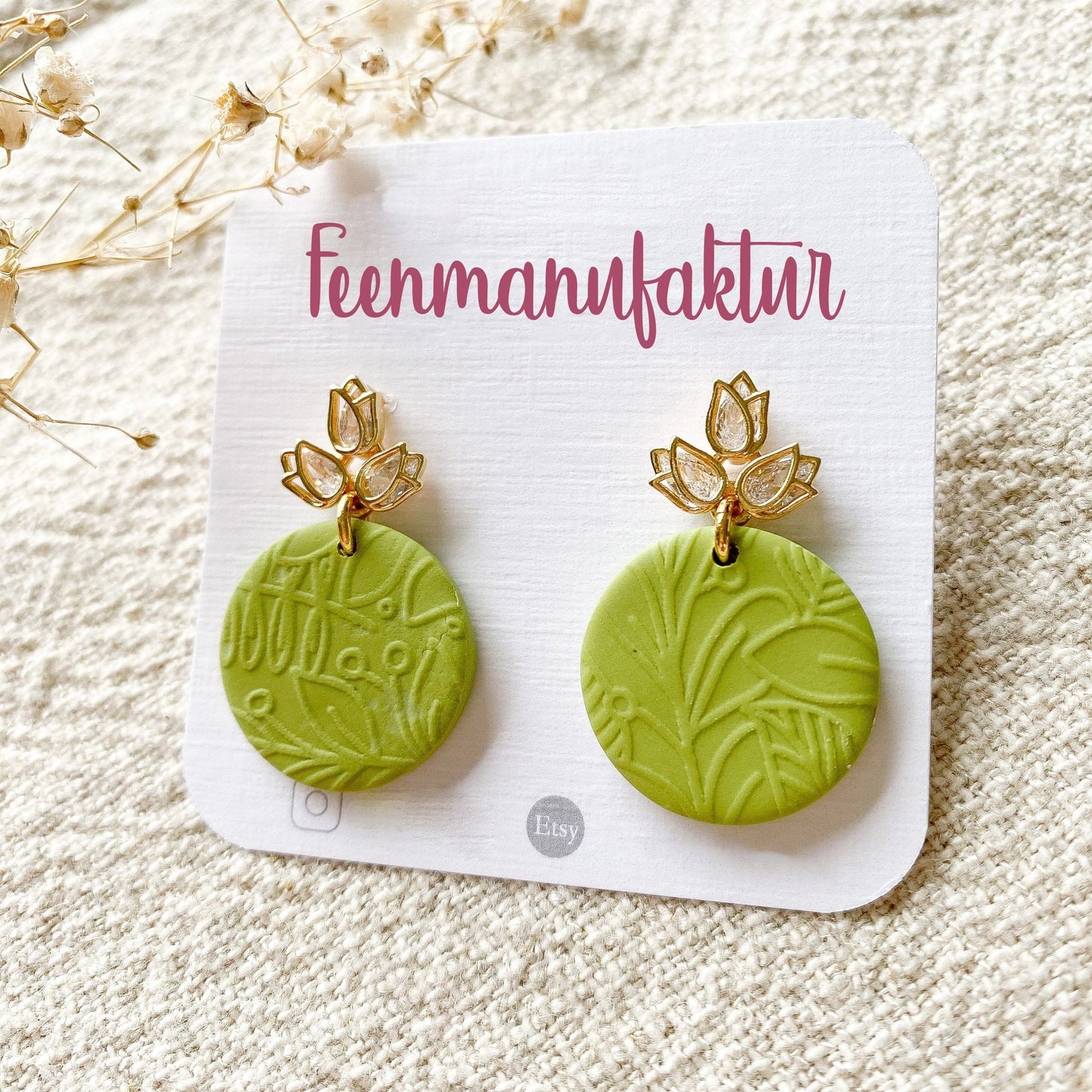Polymer Clay Ohrringe "Lotus" grün - Stecker 24k vergoldet - Feenmanufaktur