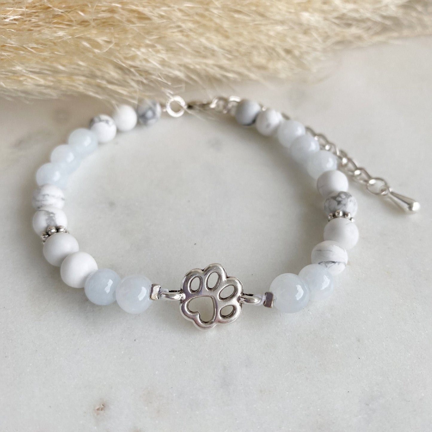 Tierliebe Edelstein *Pfote* Armband Aquamarin Perlen Naturstein silber blau - Tier Geschenk Perlenarmband Hund Katze marmoriert - Feenmanufaktur
